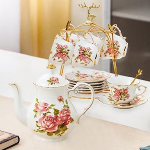 Red Rose Ceramic Tea Set, Ceramic Coffee Cup Saucer Set, Flower Teapot Set, Tea Party Set, Personalized Coffee Set,Coffee Pot,Christmas Gift