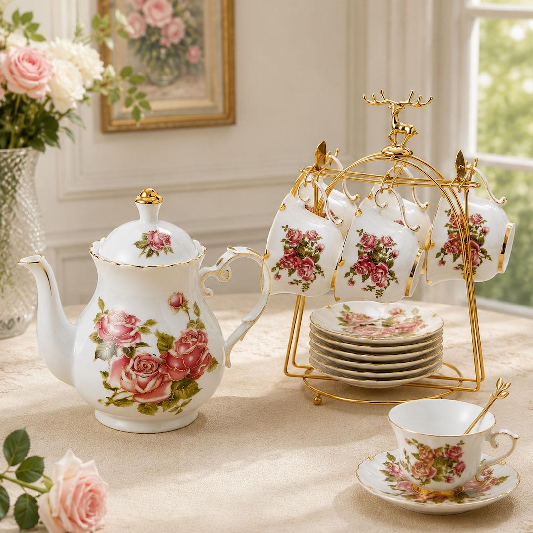 Vintage Rose Porzellan Tee-Set, Keramik Blumen Kaffee-Set, elegantes englisches Geschirr, handgemachte Teeparty Geschenk, Wohndekor-Set, Hochzeitsgeschenk