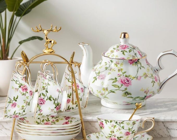 European Ceramic Tea Set, Floral Teapots, Afternoon Tea Set, Ceramic Coffee Sets, Black Tea Cups, Coffee Cups, Vintage Tea Set,Gifts For Her