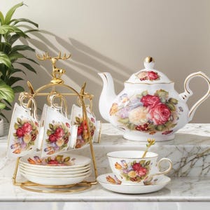 Flower Ceramic Tea Set, Pastoral Afternoon Tea Set, Coffee Set, Ceramic Coffee Cup, Teapot Coffee Pot, Tea Party Tea Set, Gift For Mother