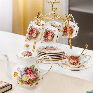 Ceramic Coffee Cup Saucer Set, Floral Ceramic Tea Set, Afternoon Tea Set, Exquisite Coffee Set, Floral Teapot With Tea Set, Wedding Gift