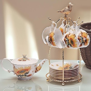 European Sunflower Ceramic Tea Set, Coffee Cup Saucer Set, Afternoon Tea Set, Teapot Set, Ceramic Coffee Set, Coffee Maker,Housewarming Gift
