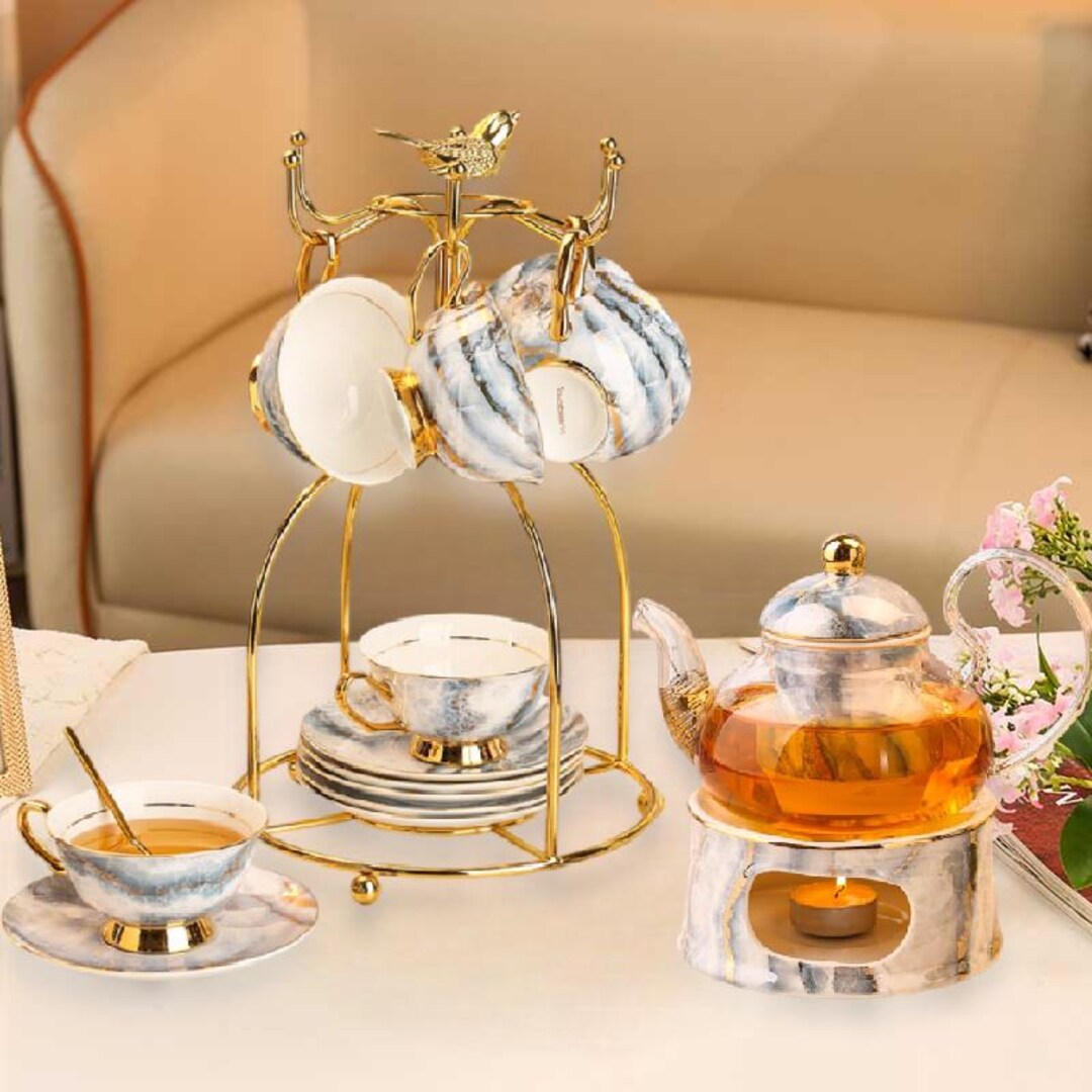 Pastoral Style Ceramic Tea Set, Candle Heater Flower Teapot, Afternoon ...