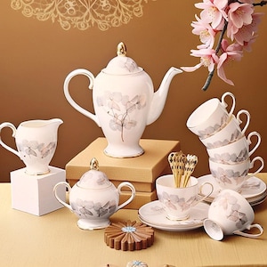Floral Ceramic Tea Set, Coffee Pot With Cups Saucers, European Afternoon Tea Set, Exquisite Ceramic Coffee Set, Gift For Mother, Tea Gifts