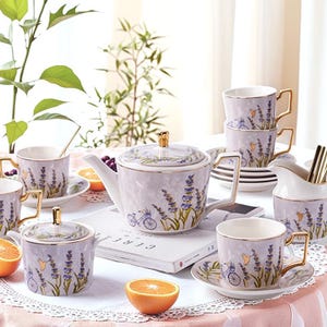Romantic Lavender Ceramic Tea Set 15 Pieces, Ceramic Coffee Cup And Saucer Set, English Afternoon Tea Set, Teapot Tea Set, Housewarming Gift