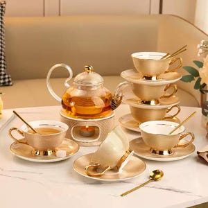 Gold Ceramic Tea Set, Vintage Ceramic Coffee Set, Afternoon Tea Set,Teapot Tea Set, Teapot With Heater,Black Tea Coffee Cup Set,Tea Set Gift