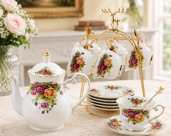 Vintage Rose Tea Set, Handmade Porcelain Teapot and Cup Set, Exquisite Ceramic Tea Set, Tea Party Decor, Wedding Gift for Tea Lovers