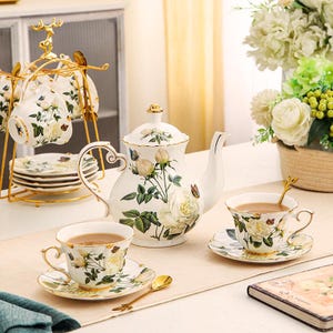 White Rose Ceramic Tea Set, Ceramic Coffee Cup Saucer Set, Afternoon Tea Set, Coffee Set, Flower Teapot Set, Wedding Gift, Christmas Gifts