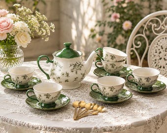 May include: A ceramic tea set featuring a white teapot and four matching teacups with saucers, all decorated with a green botanical branch pattern. The teapot has a solid green lid, and the set includes four small gold-toned metal spoons.