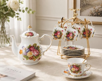 Vintage Floral Tea Set, Porcelain Teapot and Cup Set, English Tea Party Decor, Victorian Teaware Gift, Handmade Tea Set, Birthday Gift