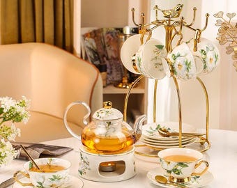 Keramische theeset pastorale stijl, kaarsverwarmer bloementheepot, afternoon tea set, keramische koffieset, zwarte theekop, theekransje, huwelijkscadeau
