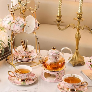 Pink Ceramic Tea Set, European Flower Bird Ceramic Coffee Set, Flower Teapot Coffee Cup Black Tea Cup Set, Tea Party Tea Set, Tea Set Gift
