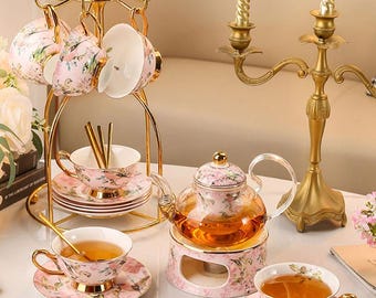 Keramische theeset met roze bloemen: koffiekopjesset in Europese stijl