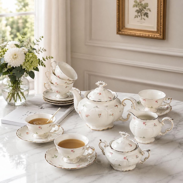 French Floral Ceramic Tea Set, Vintage Coffee Set, Pastoral Cream Tea Set, Teapot Set, Coffee Cup And Saucer, Handmade Tea Set, Wedding Gift