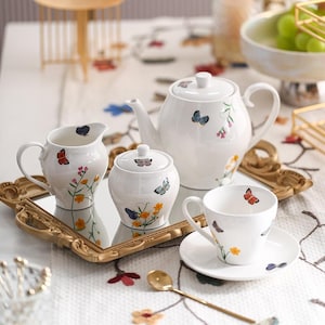 Pastoral Style Ceramic Tea Set, Butterfly Coffee Set, Afternoon Tea Set, Ceramic Coffee Vups And Saucers, Teapot Tea Set, Housewarming Gift