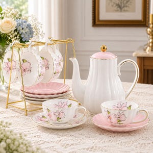 Handgefertigtes Keramik-Teeservice, florales Teekännchen mit Tassen und Untertassen, Vintage-Kaffeeservice, Porzellan-Nachmittagsteeservice, Schwarzteetasse, Weihnachtsgeschenk