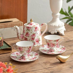 Rose Ceramic Tea Set, Vintage Flower Teapot Set, Exquisite Afternoon Tea Set,Ceramic Coffee Set,Coffee Black Tea Cups Saucers,Birthday Gifts
