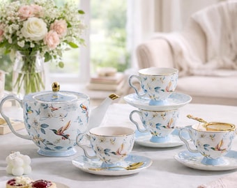 Bluebird Floral Porcelain Tea Set, Teapot with Cups and Saucers, Personalized Ceramic Coffee Set, Elegant Afternoon Tea Set, Birthday Gift