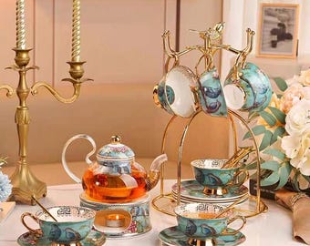 Niebieski ceramiczny zestaw do herbaty, europejski ceramiczny zestaw do kawy z ptakiem kwiatowym, czajniczek do herbaty z czarną filiżanką, zestaw do herbaty na przyjęcie herbaciane, prezenty świąteczne