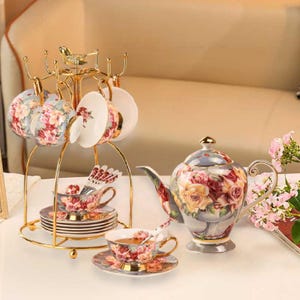 Classic Rose Ceramic Tea Set, Ceramic Coffee Cup Set, Flower Teapot, Teapot With Heater, Ceramic Coffee Set, Afternoon Tea Set,Birthday Gift