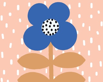 Flower Print - Stem Flower / Blue with Rain