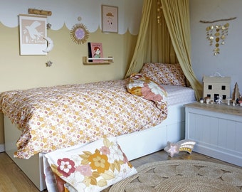 Retro 1977 Kinderbettwäsche-Set | Bettbezug & Kissenbezug aus Bio-Baumwolle | Umweltfreundliche Kleinkindbettwäsche | Vintage Blumen Kinderzimmer Dekor