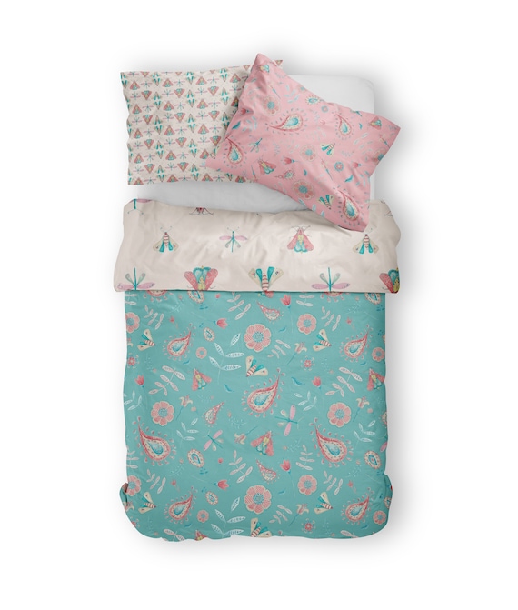 Bettbezug Set 5 Stück Reversible Einzelbett Größe Folk Art Design Baumwolle  Bettbezug Kissenbezug Pj Tasche Kinder Bettwäsche Mädchen Bettdecke -  .de