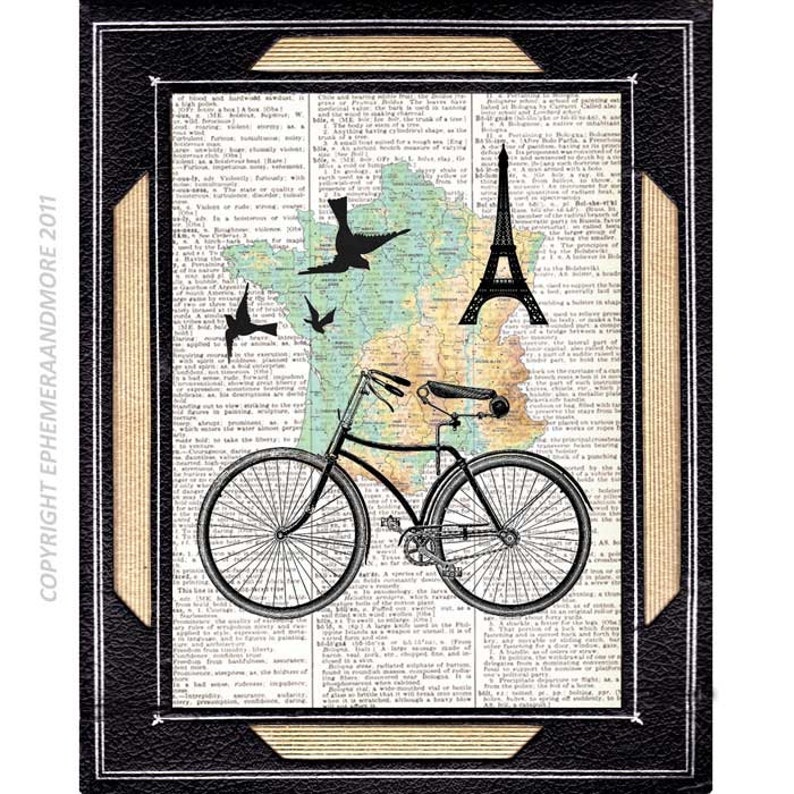 Retro Bicycle art print PARIS Tour de Eiffel France wall decor Etsy