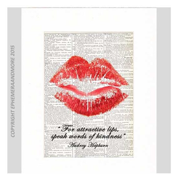 Red Lips Art Print Wall Decor Audrey Hepburn Quote On Kindness Pop Retro Movie Beautiful Hot Lips On Vintage Dictionary Book Page 8x10 5x7