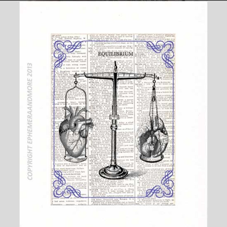 EQUILIBRIUM HEART BRAIN balance art print on upcycled vintage | Etsy