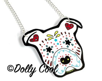 Staffie Necklace - Sugar Skull Style Dog by Dolly Cool - White Staffordshire Bull Terrier - Pitbull