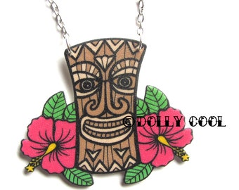 Tiki necklace with hibiscus flowers Rockabilly by Dolly Cool Pink