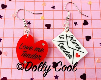 Love Me Tender - Return to Sender - Acrylic Heart Earrings - 40s 50s Repro - Vintage Style Novelty