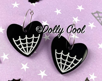 Black Web Heart Drop Hoop Earrings - Black & white - Acrylic Earrings - Stainless Steel - Gothic