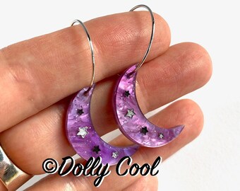 Moon and Star Drop Hoop Earrings - Lilac Glitter - Vintage Style Novelty - Acrylic Earrings - Witchy Gothic - Stainless Steel