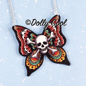 Skull Butterfly Tattoo Necklace by Dolly Cool - 40s 50s Reproduction - Vintage Style - Novelty Print - Old School Tattoo