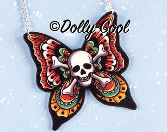 Skull Butterfly Tattoo Necklace by Dolly Cool - 40s 50s Reproduction - Vintage Style - Novelty Print - Old School Tattoo