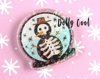 Acrylic Snow Globe Brooch with Skeleton Snowman and Sparkle by Dolly Cool - Christmas - Holidays - Laser Cut Holographic plexiglass