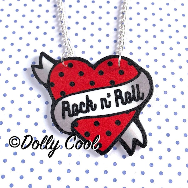 Rock and Roll Heart Necklace by Dolly Cool  - Vintage Style - Novelty - Polka Dot - Rockabilly - Rock N Roll
