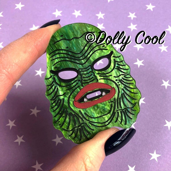 Creature Mask Acrylic Brooch by Dolly Cool - Vintage Style Novelty Brooch - Fakelite - Merman - Creepy Cute - Halloween