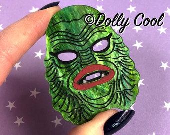 Creature Mask Acrylic Brooch by Dolly Cool - Vintage Style Novelty Brooch - Fakelite - Merman - Creepy Cute - Halloween