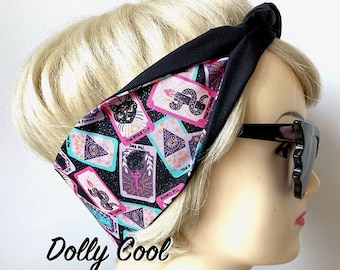 Tarot Card Moon Star Hair Tie Print Rockabilly Head Scarf - Dolly Cool - Spooky - Occult - Dark Arts - Witchy - Gothic - Glitter - Celestial