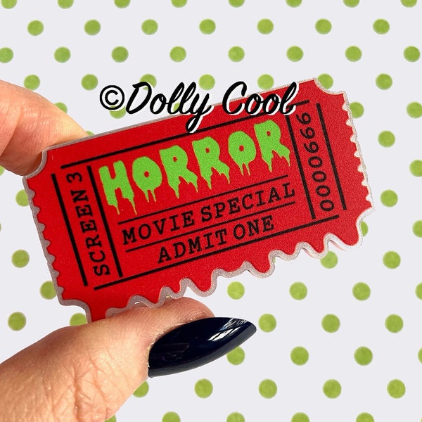 Horror Movie Ticket Brooch by Dolly Cool - Laser Cut - plexiglass - 50s Novelty Print - B Movie