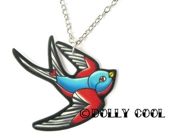Swallow Necklace - Old School Tattoo -  by Dolly Cool - Old School Flash - Vintage Style - Swift - Sparrow - Tattoo Flash