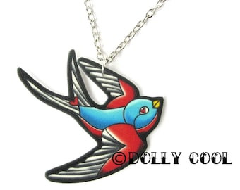 Swallow Necklace - Old School Tattoo -  by Dolly Cool - Old School Flash - Vintage Style - Swift - Sparrow - Tattoo Flash