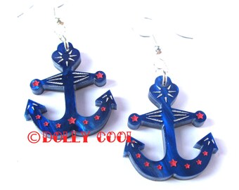 Acrylic Anchor Earrings in Blue - 40s 50s Reproduction - Vintage Style Novelty - Etched  - Fakelite - WW2 Sweetheart - Valentine - Nautical