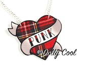 Heart Necklace Punk Tattoo Style Tartan Print  - Hand Made by Dolly Cool Rockabilly 50s