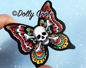 Skull Butterfly Tattoo Brooch by Dolly Cool - 40s 50s Reproduction - Vintage Style - Novelty Brooch - Wooden - Pin - Old School Tattoo