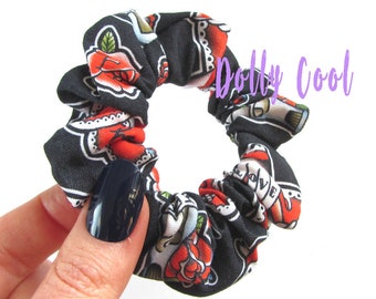 Tattoo Print Hair Scrunchie -  by Dolly Cool  - Swallow - Heart - Old School Tattoo Flash - Self Designed Fabric