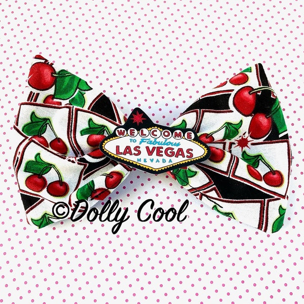 Cherry Jackpot Print Fabric Hair bow with Las Vegas Sign illustrated charm - exclusively by Dolly Cool - Rockabilly - Oversized